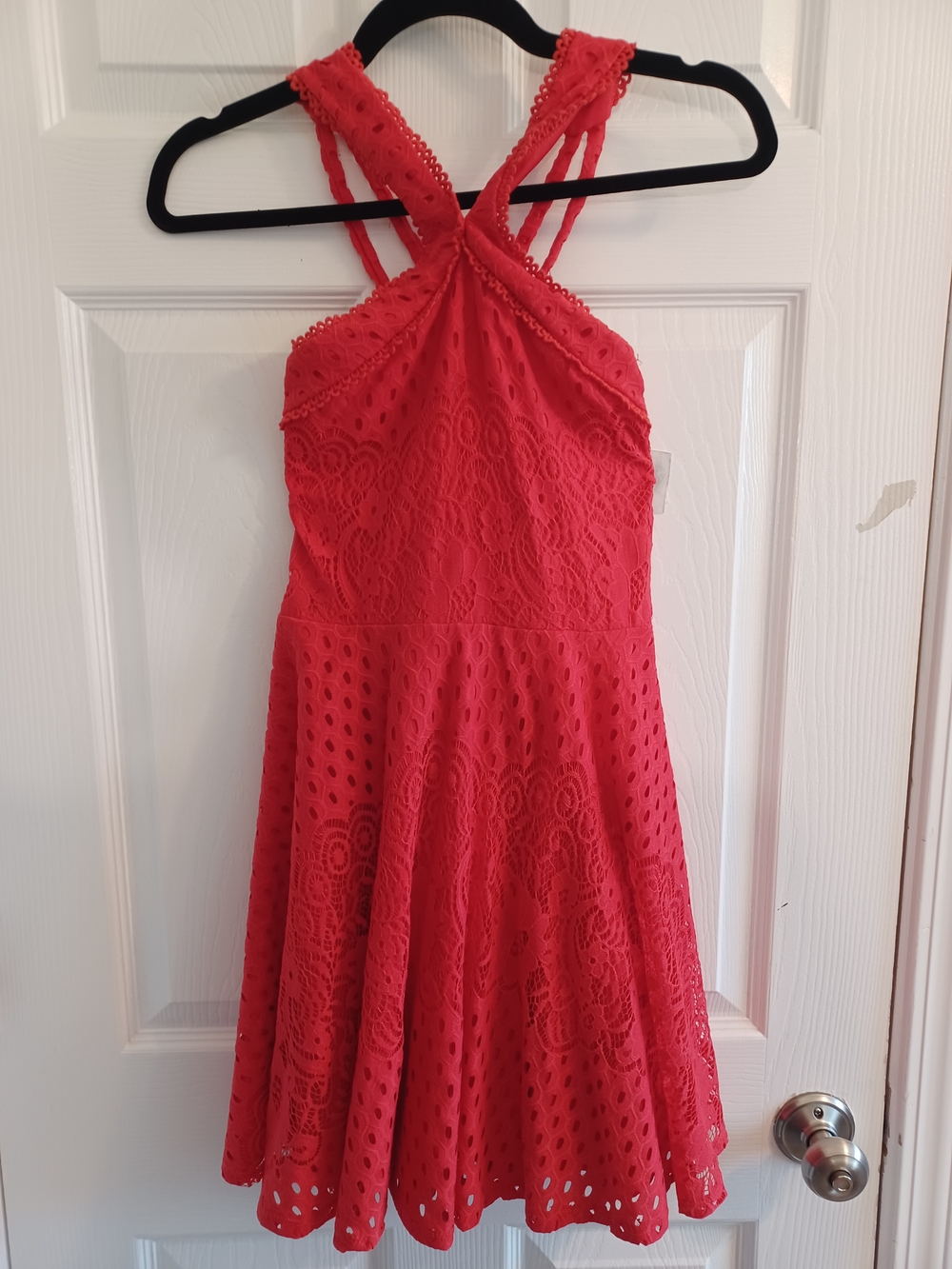 Red Eyelet Lace Mini Dress With Crochet details Lined Jrs Size 9